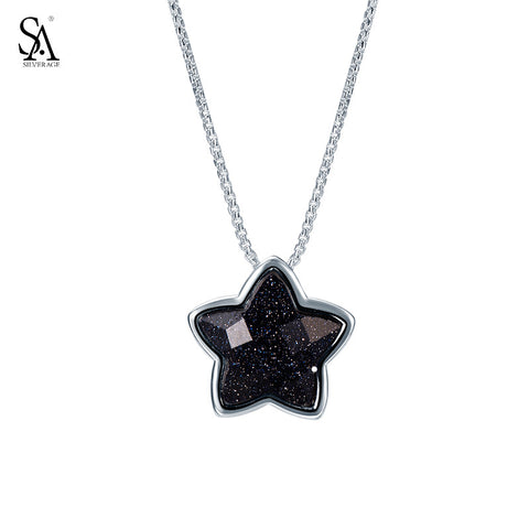 SILVERAGE Real 925 Sterling Silver Star Necklaces Pendants Fine Jewelry for Women 2016 New Black Gemstone Aventurine 11.11, 18"