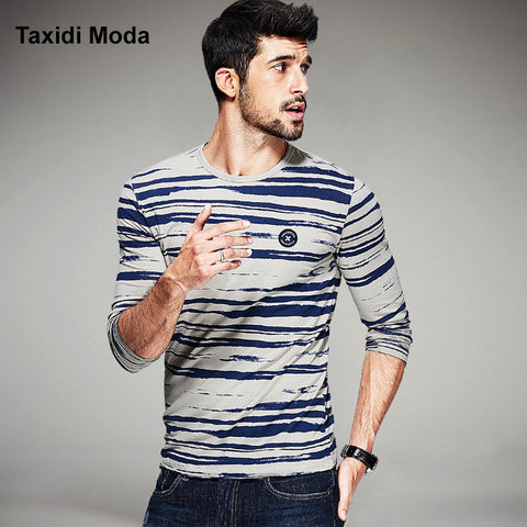 New Spring Mens Fashion T Shirts Striped Blue Brand Clothing Long Sleeve For Man's Slim Clothes T Shirts Tops Tee Plus Size