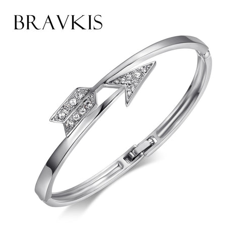 BRAVKIS austrian crystal bangles bracelet for women rhodium plated rhinestone arrow hand cuff bangle pulseiras bijoux UB0058B